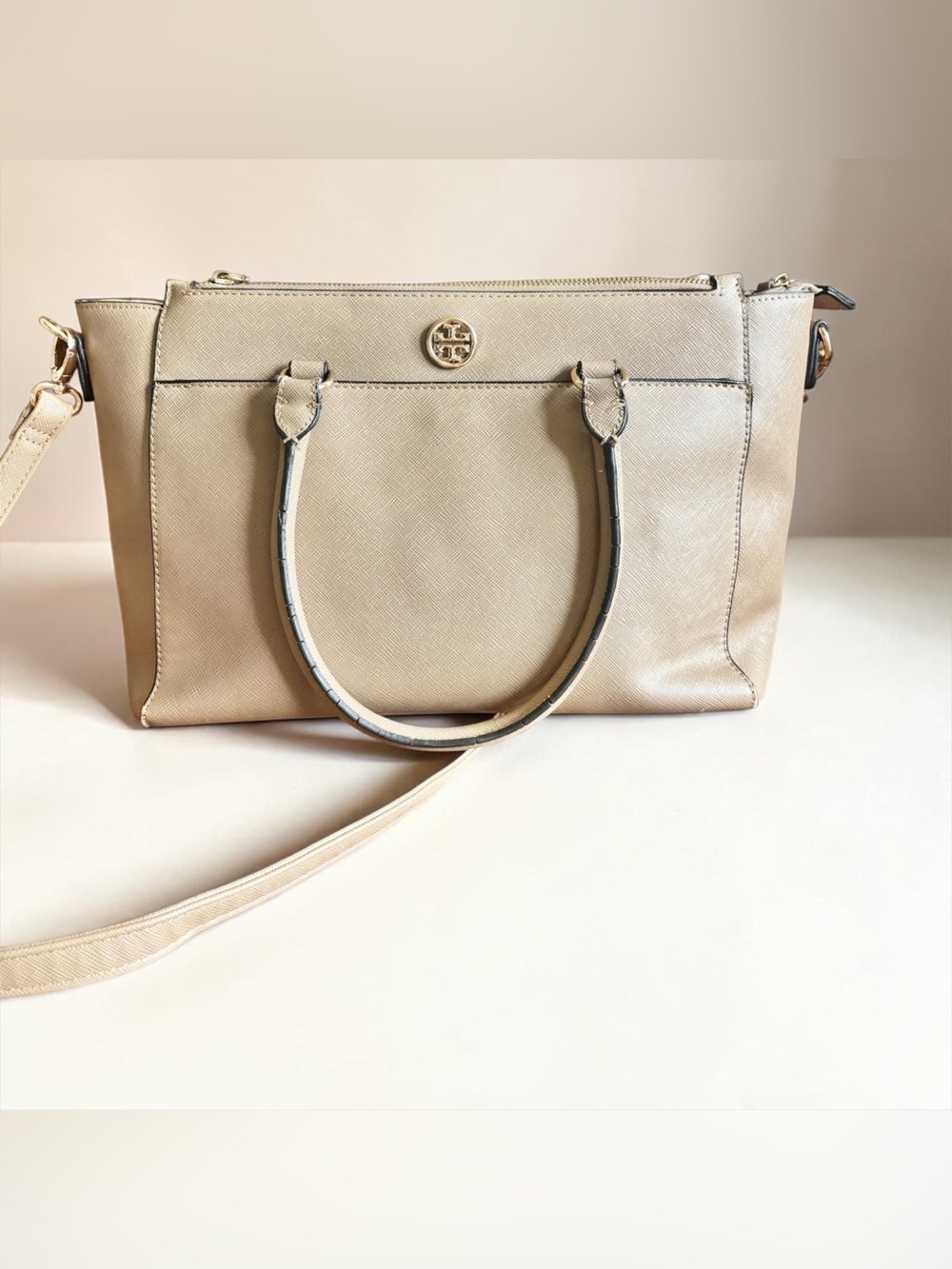 Tory Burch Robinson Double zip Neutral Saffiano Leather Satchel in Beige